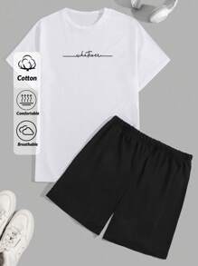 SHEIN Cottnline Men Letter Print Regular T-Shirt Homewear Set - Black and White - View 1