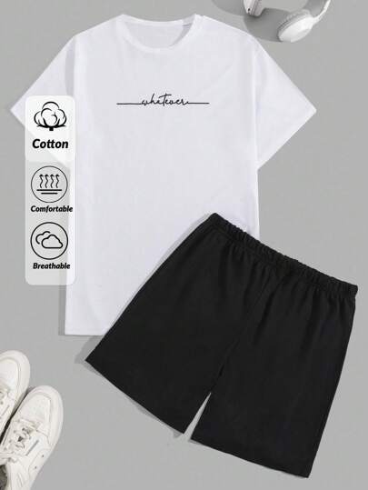 SHEIN Cottnline Men Letter Print Regular T-Shirt Homewear Set