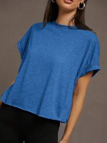 SHEIN Essnce Áo thun tay ngắn hở lưng màu xanh dương, thời trang xuân hè, thoải mái, rộng rãi, thường ngày, cỡ lớn dành cho nữ, mùa hè, áo đi chơi, Y2k, áo đi hòa nhạc cho nữ, áo hở lưng, thời trang đường phố, áo hở lưng - Xanh đậm - Xem 7