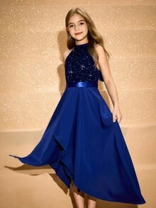 Girls' High-End Beaded Patchwork Woven Halter Asymmetrical Hem Long Dress, Suitable For Wedding, Performance, Birthday Party, Graduation, Christmas, Halloween Fall Winter - Blue - View 8