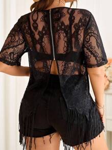 Reflora 大码女式蕾丝短袖透明性感流苏上衣，女式夏季，度假女士，女式西部装，女式度假，波西米亚风，女式音乐会，狂欢，狂欢上衣