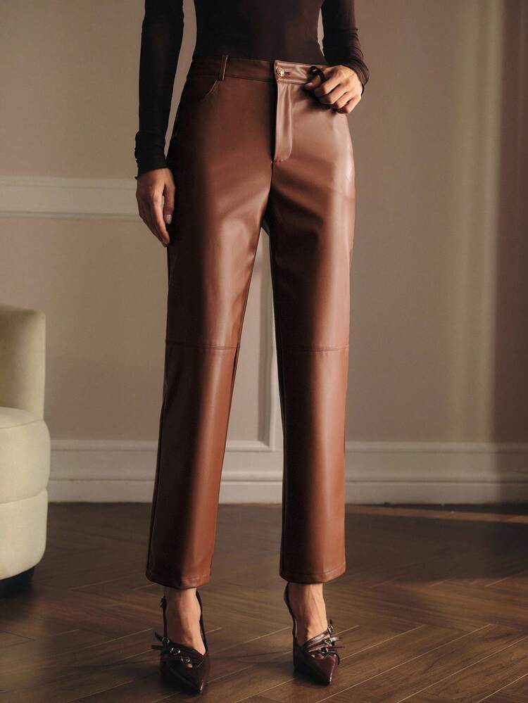 PU LEATHER SOLID SLANT POCKET TAPERED SUIT PANTS