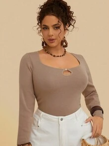 SHEIN VCAY Suéter de unicolor versátil y de moda para mujer de talla grande en otoño/invierno - Café integral - Ver 5