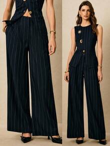 Poéselle 女士休闲条纹阔腿裤，适合通勤