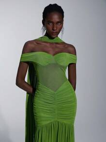 Elitara 优雅奢华橄榄绿色弹力网眼船领全荷叶边亮片伴娘礼服 - 綠色 - 查看 3