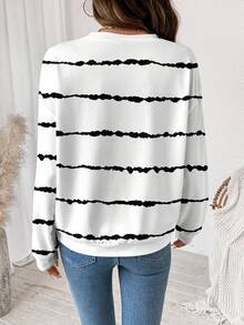 SHEIN LUNE Casual Minimalist Black & White Striped Print Pattern Round Neck Loose Fit Women Sweatshirt Autumn And Winter - Multicolor - View 2