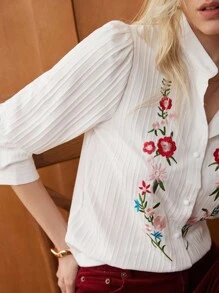Écloséra Blusa casual de manga larga con un solo botonadura, bordado floral, estilo retro francés para mujer