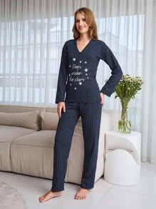 EURMUSE 100% Cotton 2Pcs  V Neck Polka Dot&Slogan Printed Homewear Pj Set - Navy Blue - View 5
