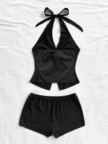 Soleia 2pcs Women Solid Color Twist Knot Hem Halter Top And Shorts Set Women's Summer Set Women Costume  Beach Outfit For Women Vacation Outfits For Women Casual - Black - View 2