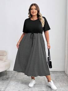 SHEIN CURVE+ Kurvenreiche Große Größen/Herbstkleidung/Herbstmode für Frauen/Winterkleidung für Frauen/Wintermode Große Größen Modische Lässig-bis-Business Elegante Free People Schulanfang, Outfit für Lehrer, Business-Profi, Pride-Bekleidung Schwarzes Kleid, Herbst, Konzerte, Damen Rundhals Taschen Mini Kleid, Gestreiftes Maxikleid