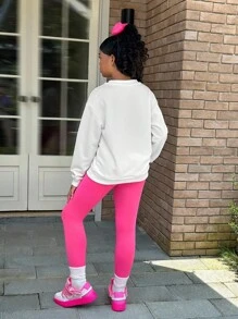 SHEIN Tween Girl Streetwear 可爱英文字母印花卫衣和紧身裤套装 - 白色 - 查看 2