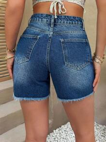 EURMUSE Summer Casual Washed Denim Frayed Hem Shorts - Medium Wash - View 2