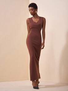 Zivah Women's Coffee Brown Autumn Elegant Brunch Two Pieces Set,Loose Long Sleeve Cardigan Sweater Jacket & Vest Slim Long Dress,Casual Commuter Knitwear - Brown - View 3