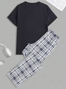 SHEIN Cottnline Cotton Men Letter Printed Regular T-Shirt Homewear Set - Navy Blue - View 2