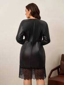 SHEIN Clasi 大码纯色简约蕾丝拼布 V 领长袖连衣裙 - 黑色 - 查看 9