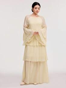 Veilorie Women's Solid Color Elegant Semi-Sheer Long Sleeve Dress - Apricot - View 5