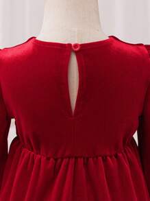 Glamorique Kids Baby Girls' Autumn/Winter New Velvet Korean Fleece Design V-Neck Ruffle Bow Elegant Party Dress,Christmas Dress - Red - View 3