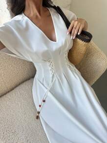 Firerie Vestido largo elegante con cintura anudada para mujer - Blanco - Ver 3