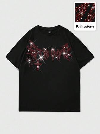 Goth Camiseta cómoda con patrón de cruz de rhinestone rojo, marca casual