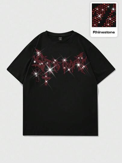 Goth Bequemes T-Shirt mit rotem Strass-Kreuz-Muster, lässige Marke
