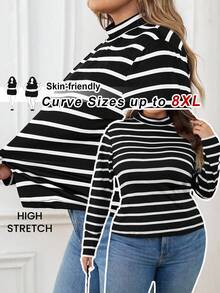 SHEIN CURVE+ Plus Size Women's French Striped Collar T-Shirt, Commuting, Minimalist, Office, Retro Style, Simple, Autumn Basic Layering Clothing