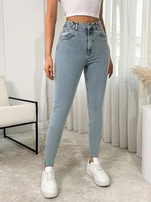 SHEIN Cottnline High Waist Button Detailed Skinny Jean - Medium Wash - View 7