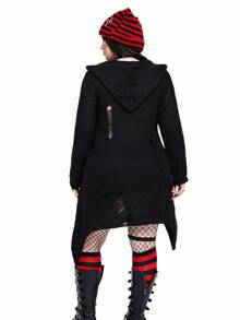 SHEIN Whyspr Vestido de punto con capucha de unicolor y efecto desgastado de estilo oscuro y de moda para tallas grandes - Negro - Ver 3