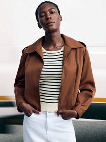 Maija Veste longue zippée ample de couleur unie pour femmes, veste marron, veste zippée marron, veste bomber marron pour femmes, vêtements d'automne pour femmes