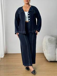 SHEIN PETITE CURVE 加大码女式休闲拼色外缝衬衫和裤子套装，秋季两件套小码裤装女式两件套裤子套装小码曲线两件套曲线小码服装套装加大码小码两件套 - 藏蓝色 - 查看 3