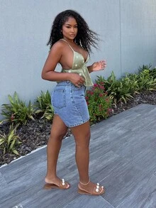 Alexandranx Pantalones cortos de mezclilla con bolsillos y ajuste relajado para mujer - Azul lavado medio - Ver 6