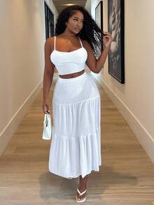 Alexandranx 杏色女式吊带背心和女式长款中裙套装 - 白色 - 查看 6