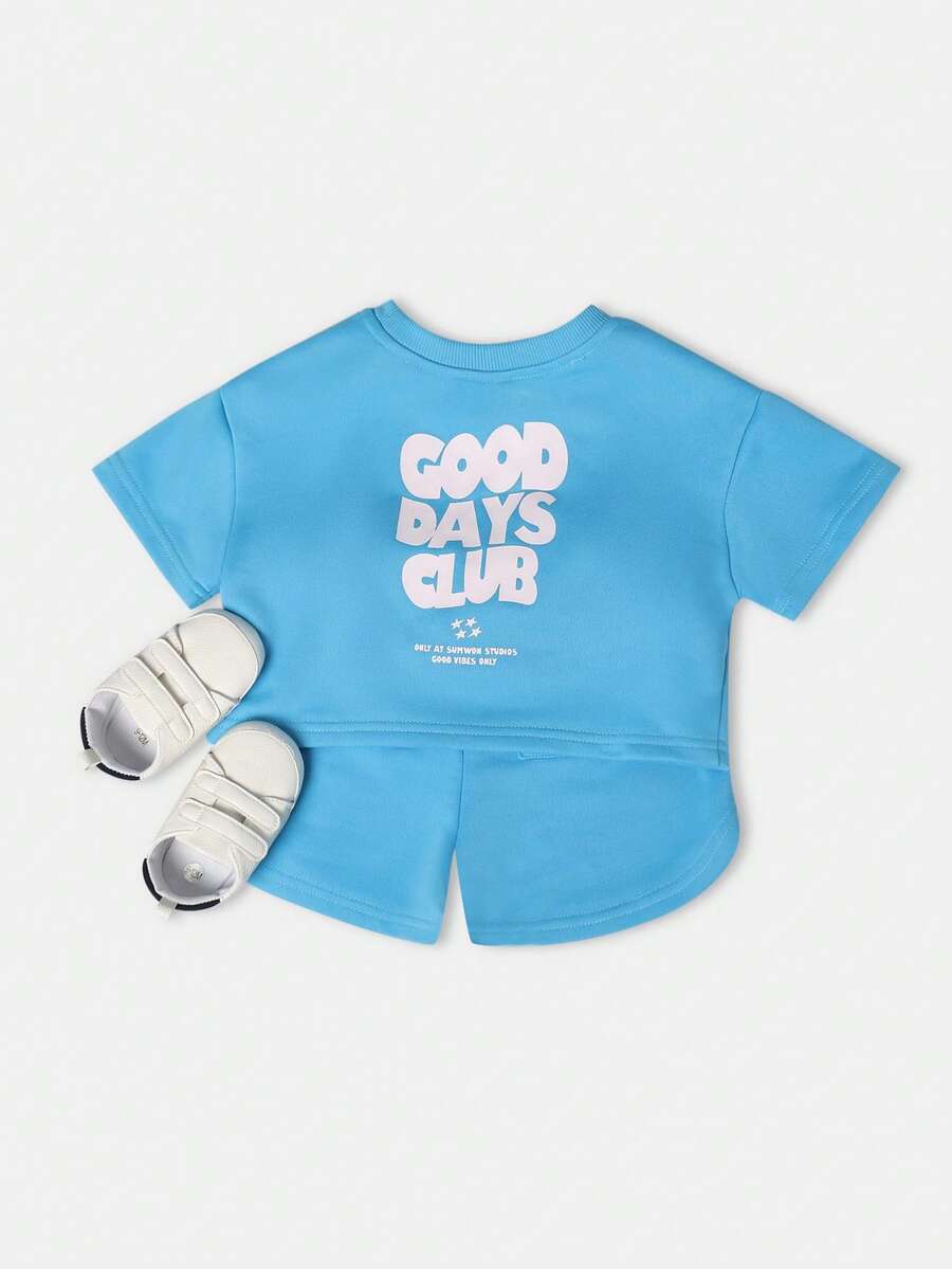SUMWON Baby Girls Good Days Club Two Piece Summer Outfit Cropped T-Shirt And Shorts Set Casual Wear Matching Co-Ord Infant Toddler Clothing - Blue - View 1