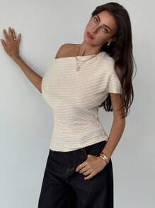 Aloruh 女士纯色不对称肩部休闲短袖时尚百搭上衣，适合秋季、返校、返校节、商务休闲场合穿着。 - 卡其色 - 查看 7