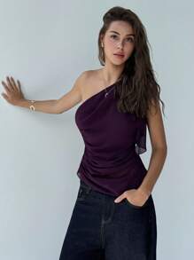 Aloruh Áo kiểu nữ thanh lịch màu trơn xếp ly lệch vai, áo mùa hè dáng suông kiểu giáo viên, áo voan xếp ly bất đối xứng màu tím lãng mạn cho buổi hẹn hò. - Màu tím - Xem 5