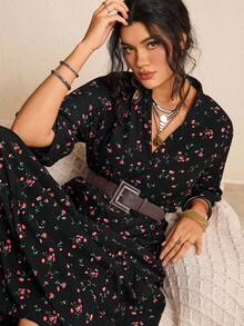 SHEIN LUNE 大码粉色碎花休闲四层连衣裙 - 綠色 - 查看 1