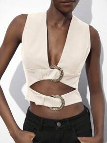 Maija Top elegant pentru femei, de toamnă, bej, cu decolteu în V adânc, cu cataramă dublă, cu structură goală, scurt, îmbrăcăminte urbană casual de afaceri, cu bretele spaghete