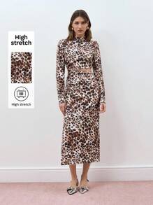 Maija Women's Leopard Print Stand Collar Long Sleeve Hollow-Out Waist Mid-Length Dress,Festival - Brown - View 1