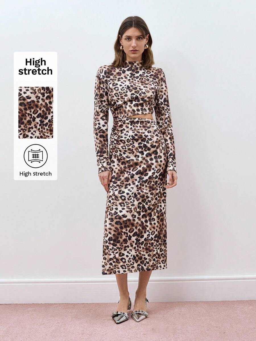 Maija Women's Leopard Print Stand Collar Long Sleeve Hollow-Out Waist Mid-Length Dress,Festival - Brown - View 1