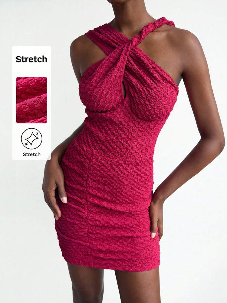 SHEIN Maija Women's Solid Color Textured Fabric Criss-Cross Backless Mini Dress,Dresses For Women Summer,Vacation Outfits