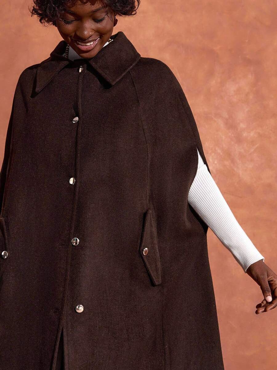 EURMUSE Women's Solid Color Single-Breasted Cape Sleeve Loose Winter Jacket - Brown - View 1