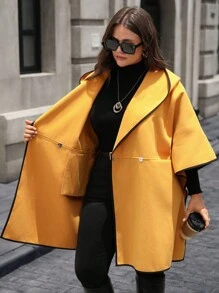 EMERY ROSE Plus Size Autumn/Winter Fashion Color Block Trim Hooded Overcoat, Casual Minimalist Style For Everyday Wear,Going Out, Suitable For Autumn And Winter Fall - Yellow - View 6