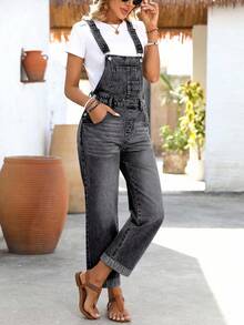 EMERY ROSE Women's Casual Washed Denim Bib Pants - Dark Grey - View 6