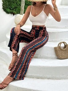 RueChic Stripes And Geometric Pattern Knotted Paperbag Waist Pants - Multicolor - View 6