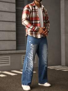 Manfinity Homme Quần jean ống rộng thêu màu xanh dương dáng rộng thoải mái cho nam cỡ lớn - Rửa trung bình - Xem 3
