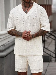 Manfinity CasualCool 男士针织纹理图案白色T恤套装 - 白色 - 查看 4