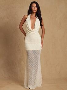 Glamine 夏季新款性感度假超长透视连衣裙，时尚镂空性感女装 - 杏色 - 查看 4