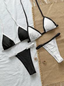 Swim Vcay Women's Sexy Halter-Neck Tie Bikini Set, Summer - Black and White - View 1