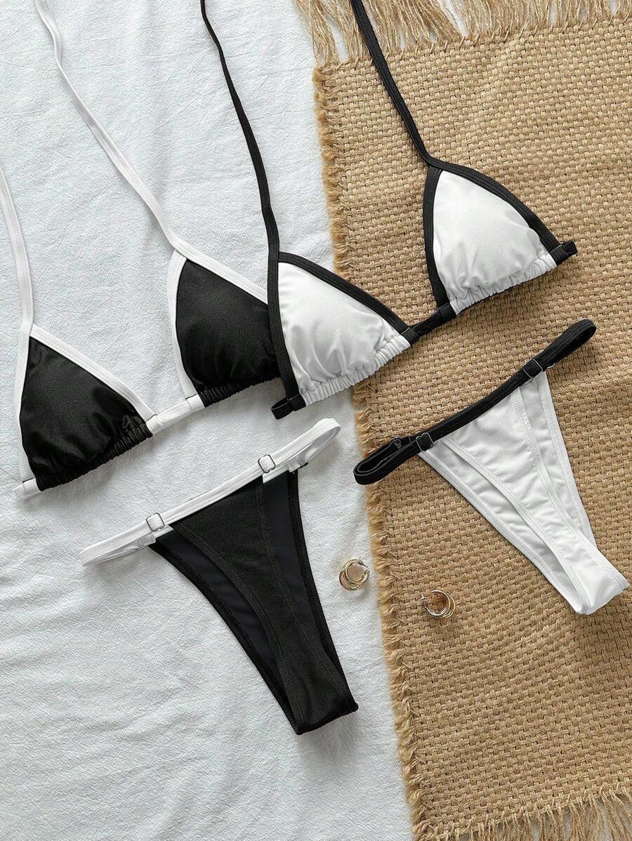 Swim Vcay Women's Sexy Halter-Neck Tie Bikini Set, Summer - Black and White - View 1