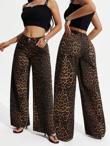 SHEIN PETITE Women's Fashion Commuter Leopard Print Wide Leg Jeans - Multicolor - View 1