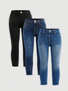 SHEIN 年轻女孩休闲磨边口袋水洗牛仔裤